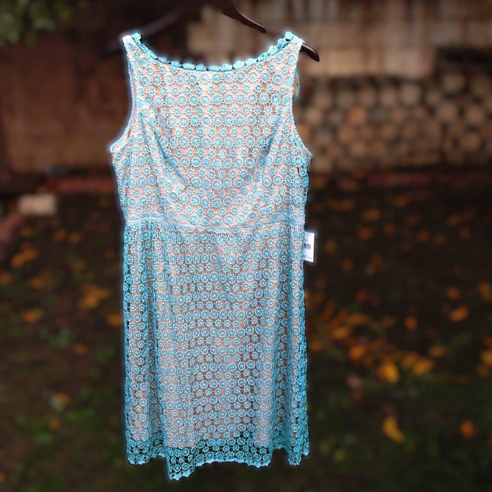 Adrianna Papell Teal Lace Overlay Fit And Flare Dress 16